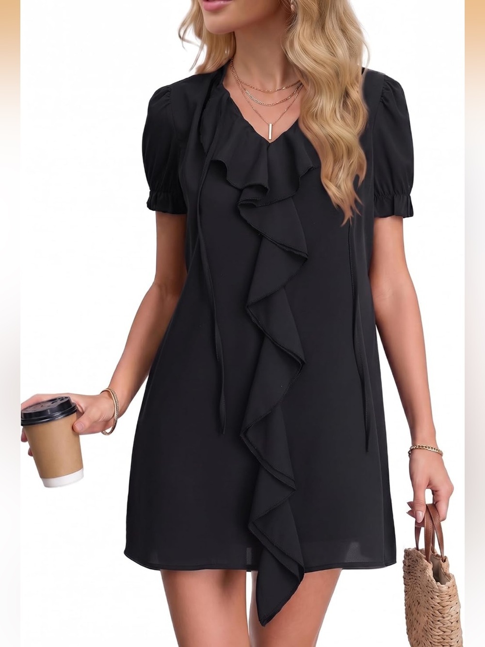 Ruffle V Neck Puff Short Sleeve Shirt Dress Summer Casual Shift Dress 2093/DC2-1